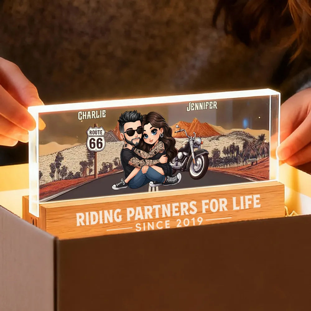Personalized Block LED Light Plaque for Biker Couple Hugging by Route 66 Sunset Unique Romantic Gift for Him or Her