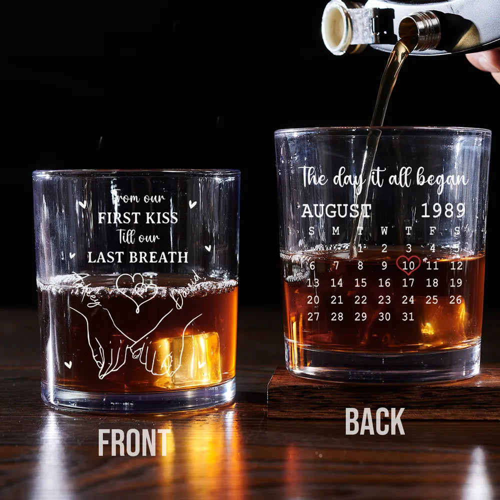Personalized Whiskey Glass with Date Calendar β The Day It All Began Couple Gift for Romantic Anniversaries