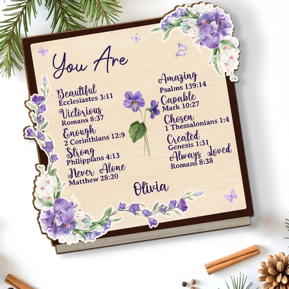 2-Layer Wooden Plaque Personalized with Encouraging Bible Verses and Purple Florals, Heartfelt Gift for Daughter or Friend
