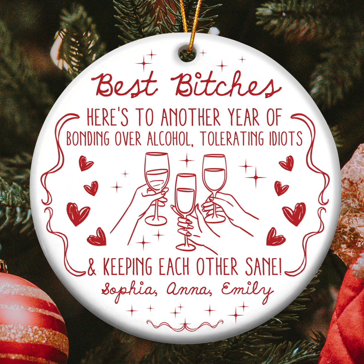Ceramic Ornament Funny BFF Cheers Line Art in Red, Christmas Tree Decor, clinking glasses, unique gift for Best Friends