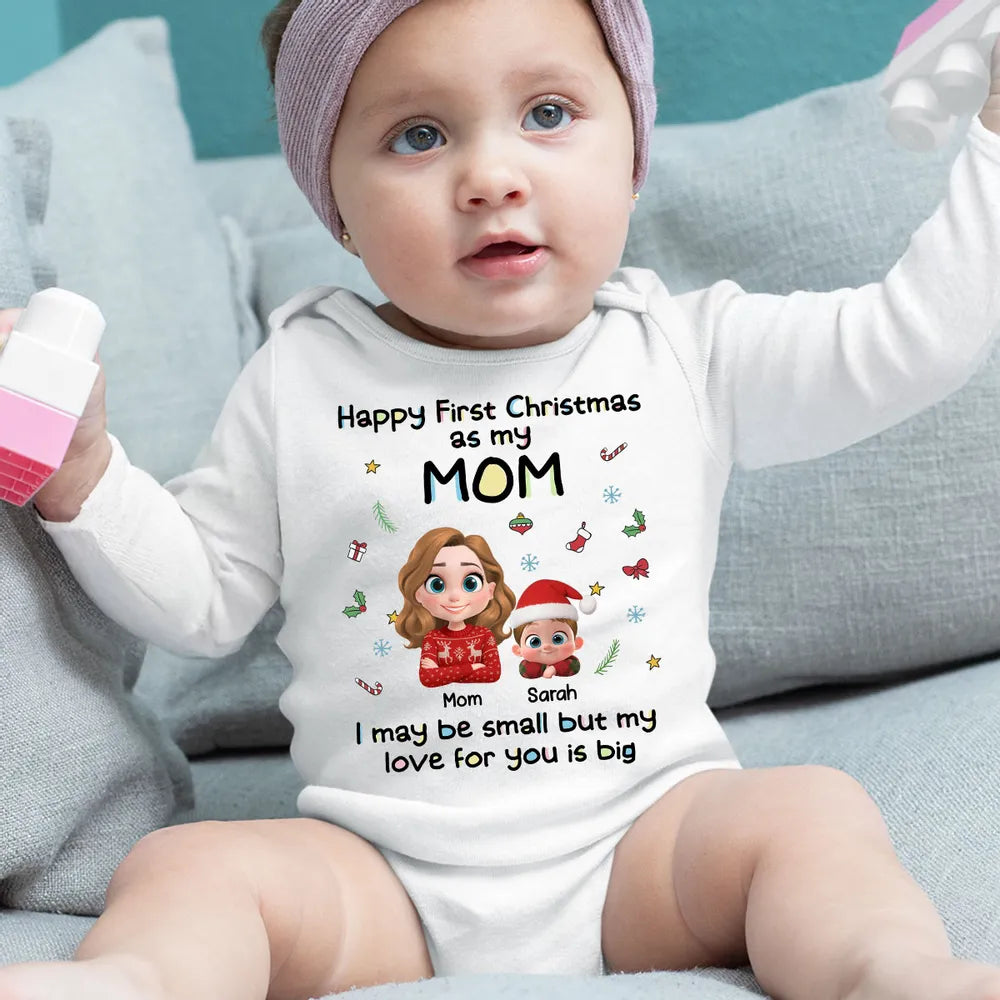 Long Sleeve Baby Onesie, First Christmas with Mom, Cute Cartoon Print, Cozy Holiday Outfit, Unique Gift for Mom & New Parents