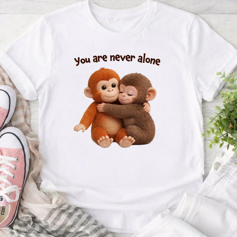 Personalized Classic Tee with Hugging Baby Monkeys You are never alone Quote - Unique Cute Gift for a Best Friend