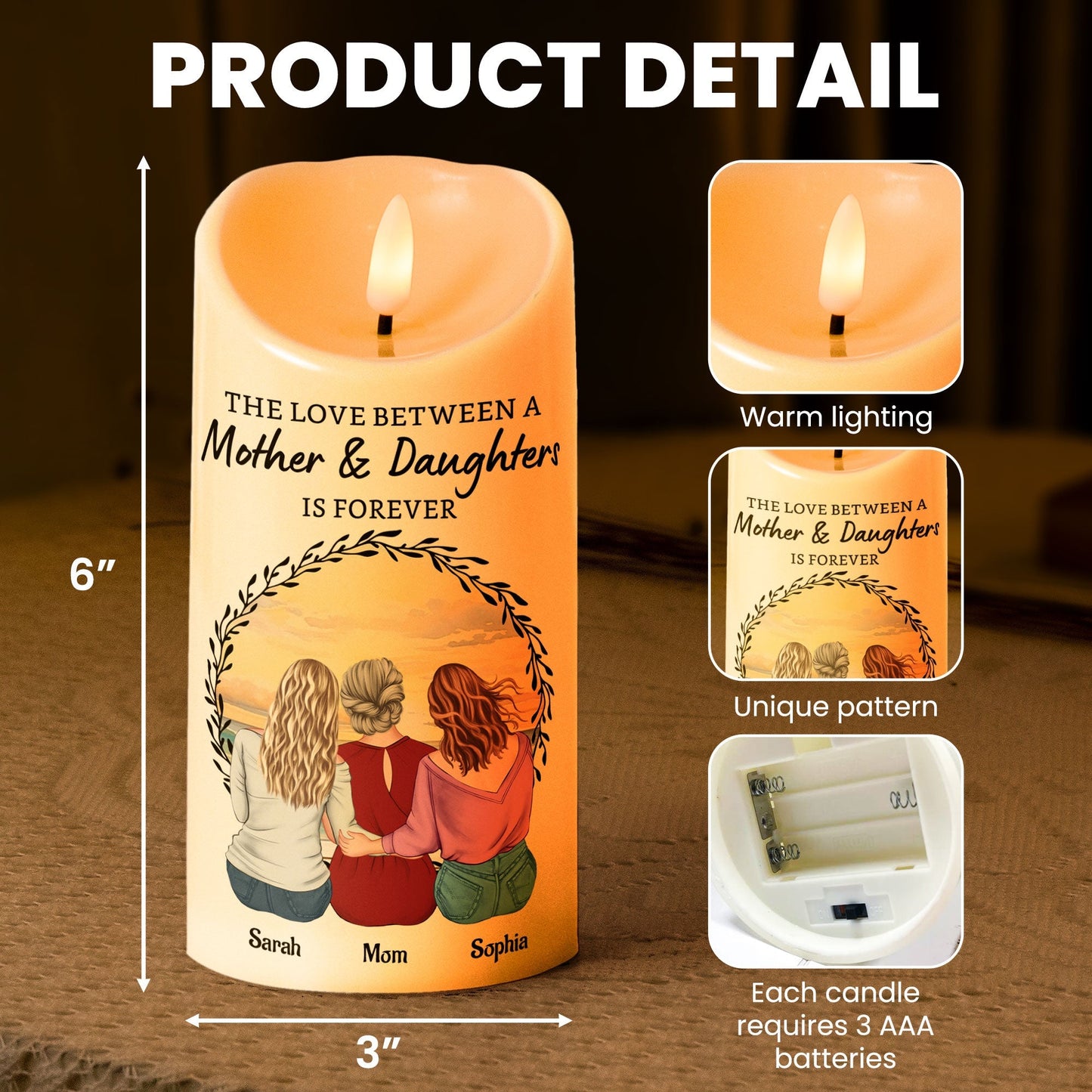 Love Is Forever - Custom Mother‑Daughters Glow Candle, Sunset Back‑View Illustration, Safe Wax‑Like Lamp Gift