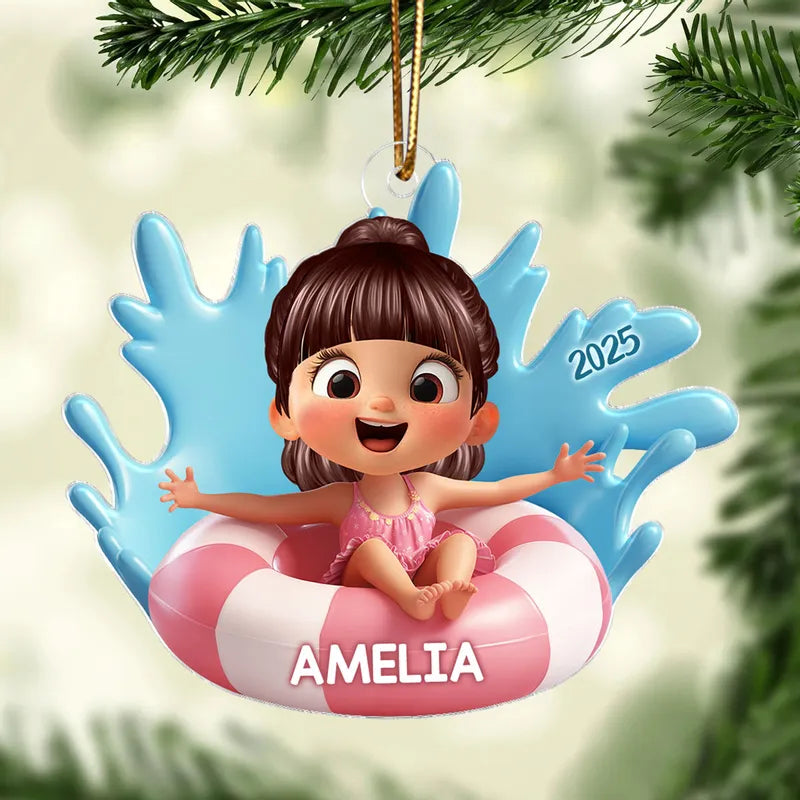 Acrylic Ornament - Cute 3D Pool Float Kid, Customizable Tree Keepsake, unique gift for Kids and Family