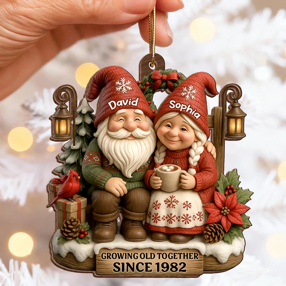 Personalized Wooden Ornament for Couples Growing Old Together β Cute Gnome Design, Christmas Tree Decoration, Unique Romantic Gift