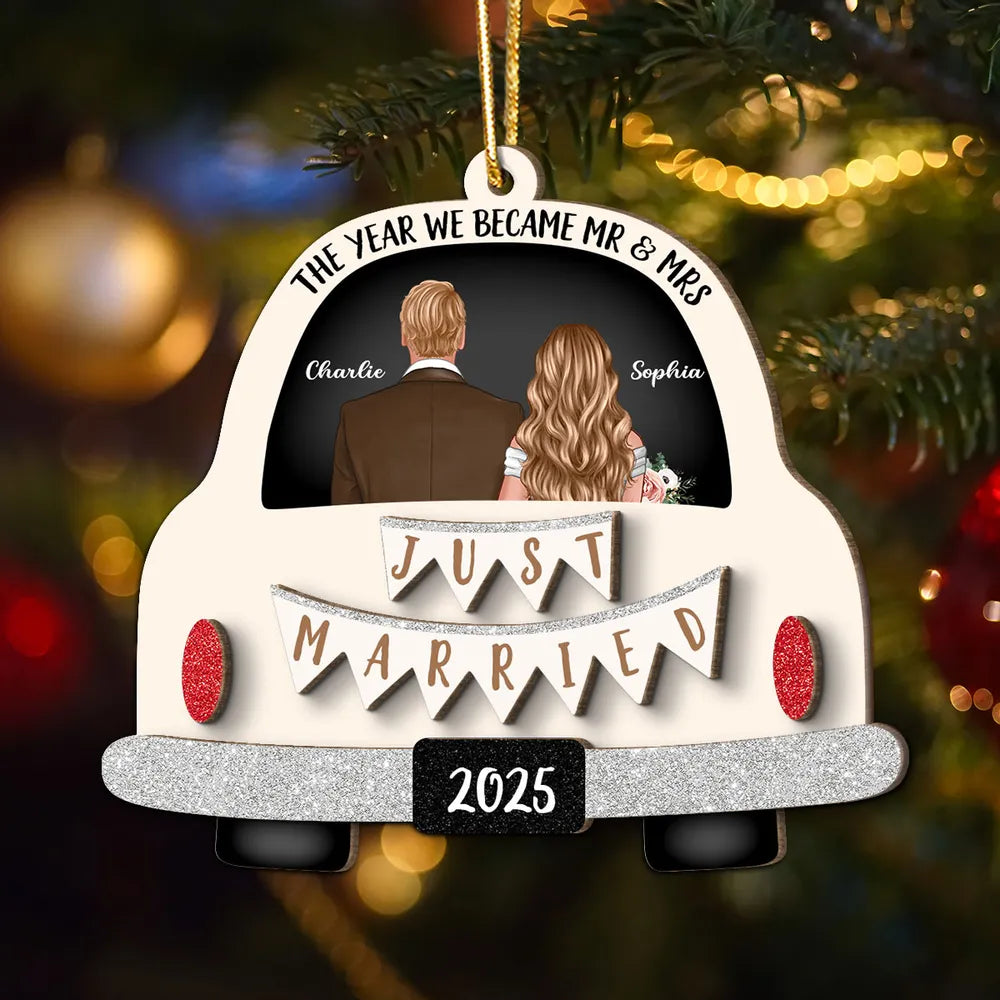 Custom 2-Layer Wooden Ornament 'Just Married' Gift for Couples