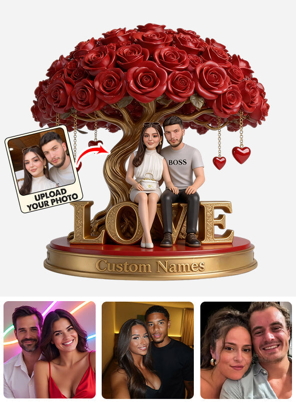 Custom Latin Couple Figurine Under Red Rose Tree, Engraved Name Statue, Romantic Anniversary & Wedding Gift Home Decor Keepsake