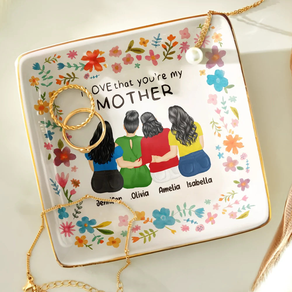 Custom Floral Jewelry Dish – Back View Friend Hug Illustration, Heartfelt Gift for Her