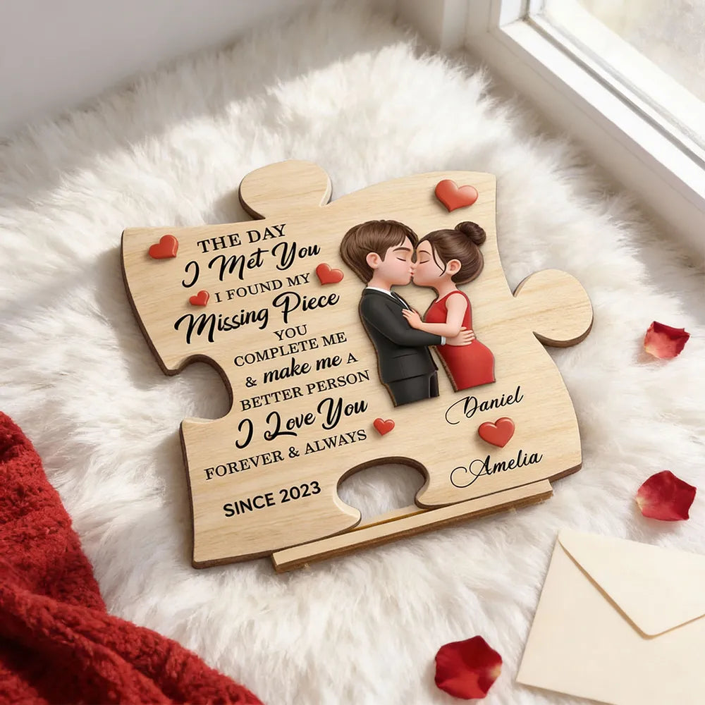 Personalized 2-Layer Wooden Plaque Puzzle Couple Kissing Romantic Keepsake for Bedroom or Living Room Display Unique Gift