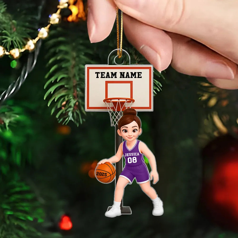 Acrylic Ornament, Cute Basketball Girl Dribbling on Indoor Court, Personalized, Creative Gift for Daughter, Player, or Coach