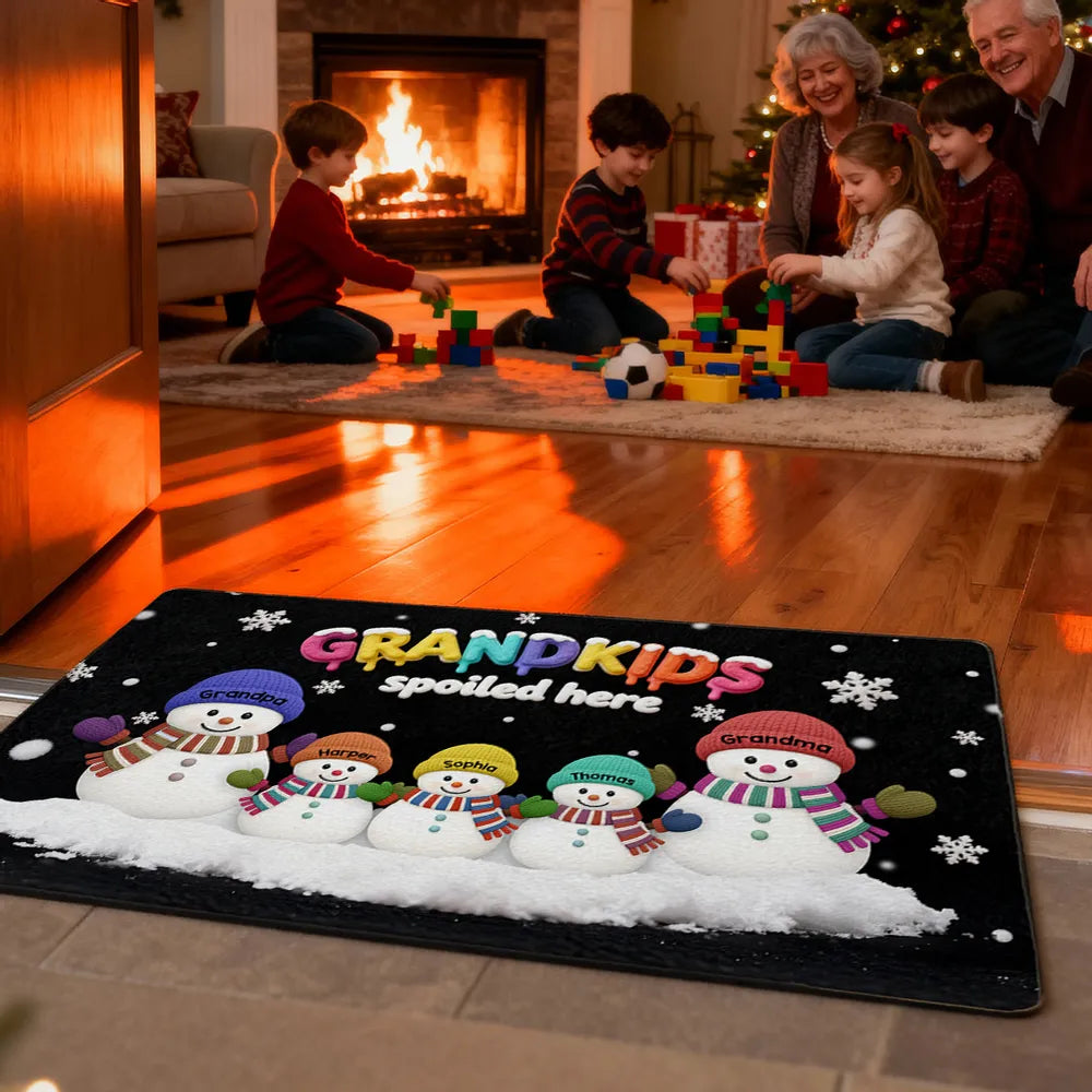Doormat Personalized Snowman Family for Entryway, Grandkids Spoiled Here, cozy winter look, unique gift for Grandparents