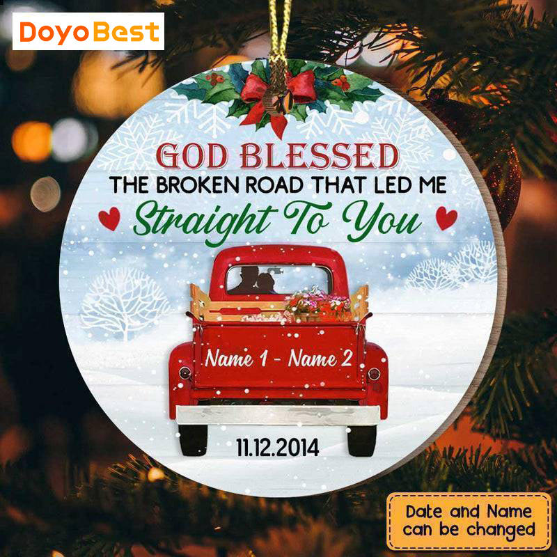 “God Blessed” Red Truck Wooden Ornament – Romantic Christmas Gift for Couples