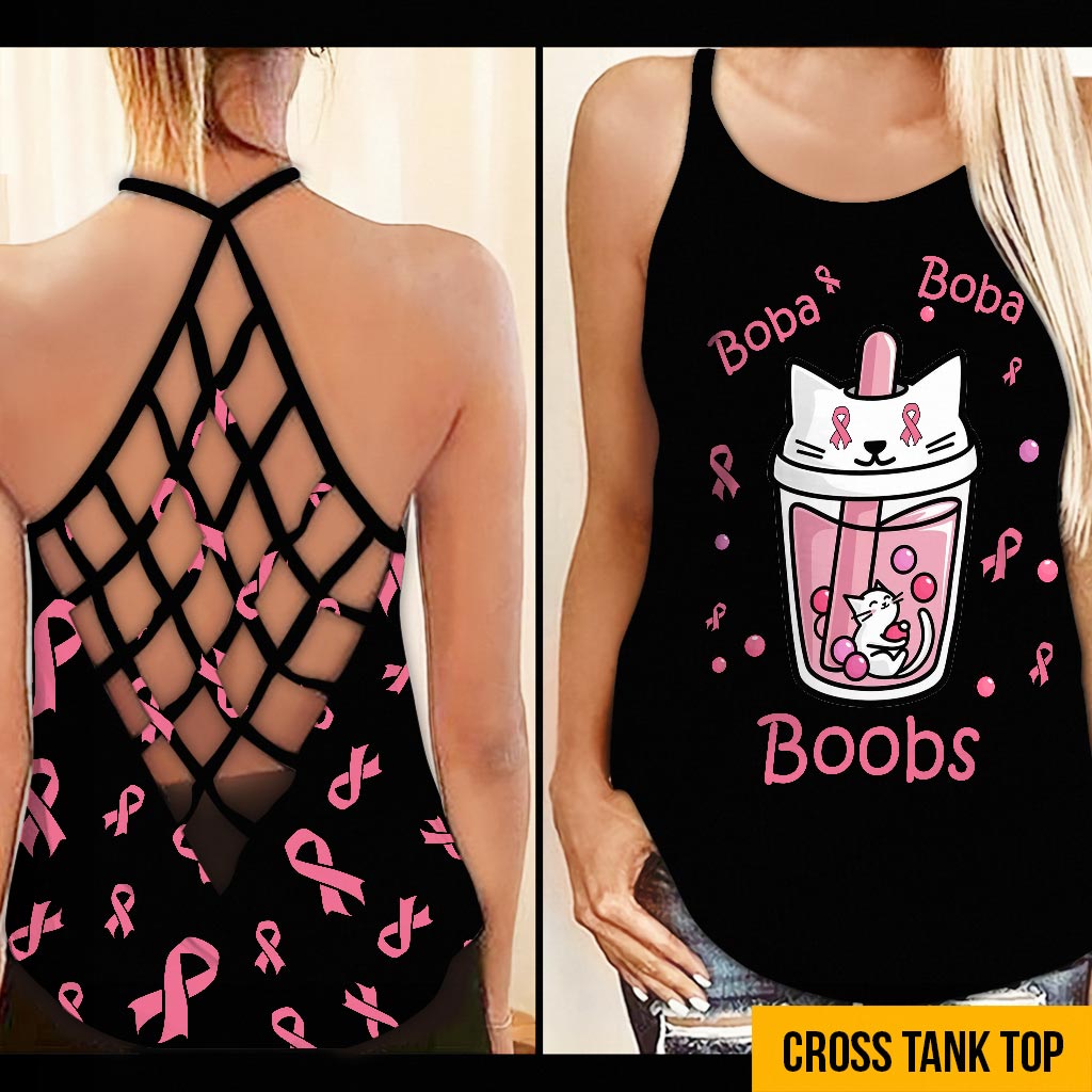 Boba Boba Boobs - Breast Cancer Awareness Cross Tank Top