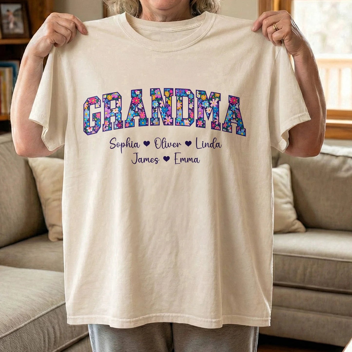 Personalized Floral Grandma Classic Tee with Custom Names, Bright Vintage-Style Lettering, Unique Gift for Grandma