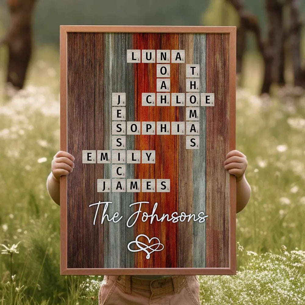 Personalized Family Name Poster Crossword Wall Art β Rustic Colorful Wood Decor, Heartfelt Home Display, Unique Gift for Parents & Loved Ones