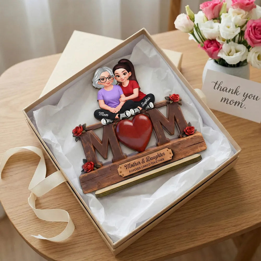 Personalized 2-Layer Wooden Plaque Mother & Daughter Forever Linked Together, MOM Heart Roses, Unique Gift for Mom