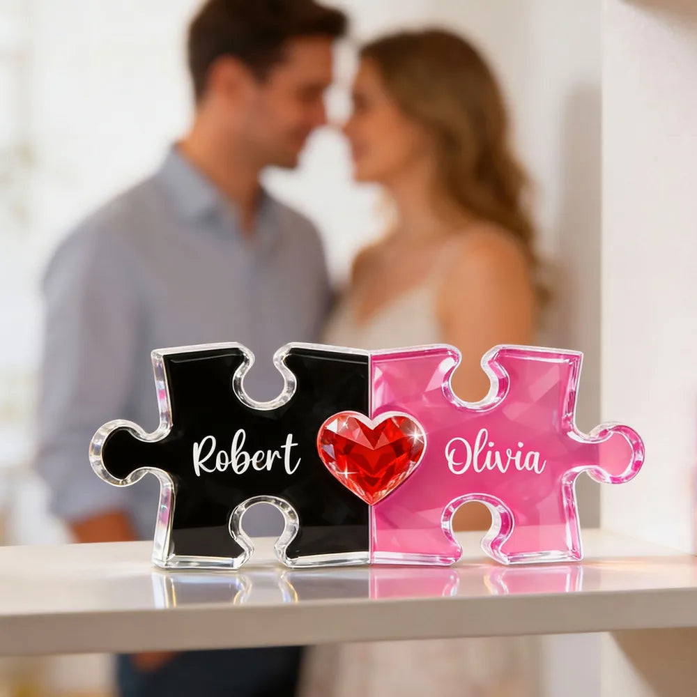 Personalized Puzzle Couple Shaped Acrylic Block Plaque - Heart Keepsake Shelf Decor, Unique Gift for Him or Her