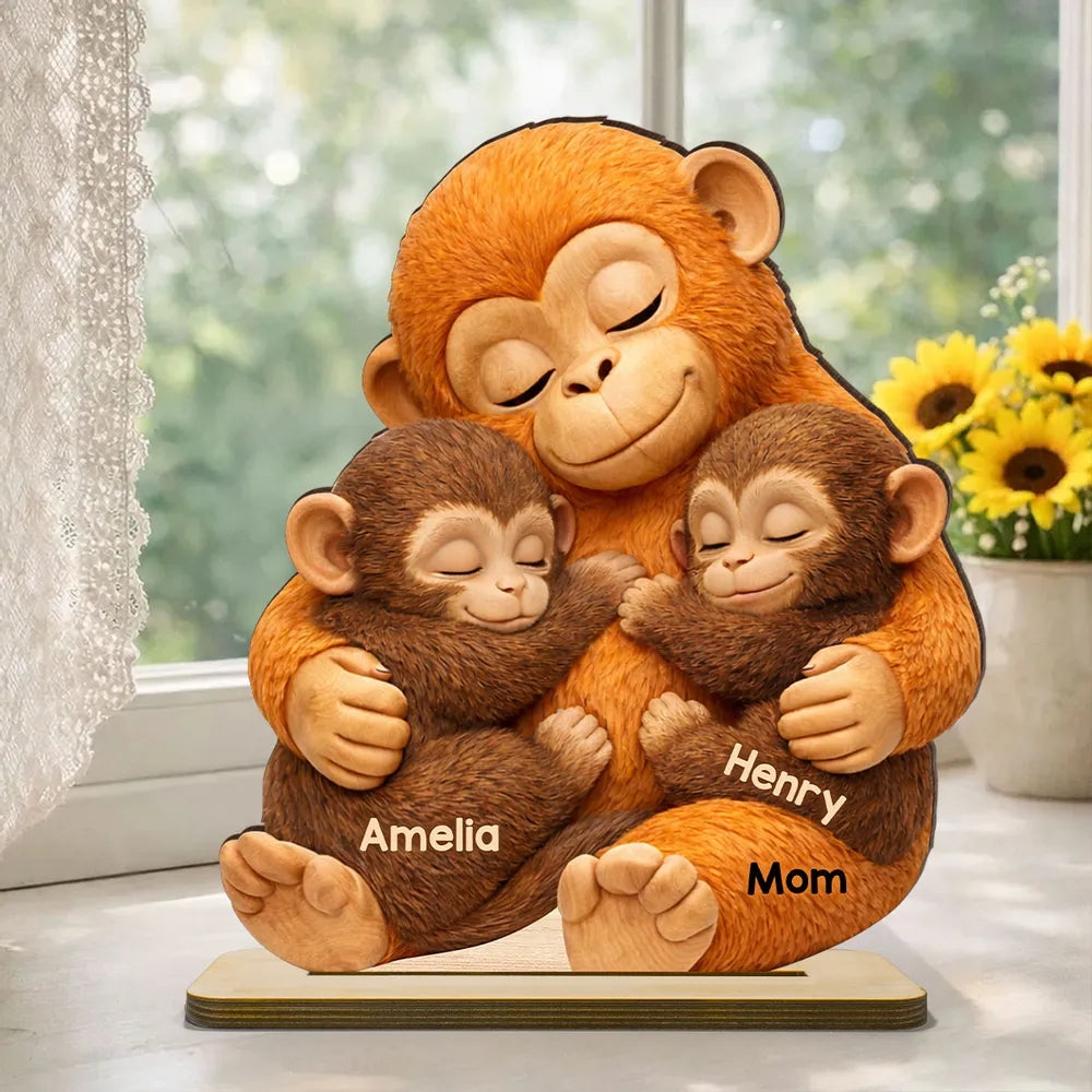 Personalized 2-Layer Wooden Plaque with Hugging Mom Monkey and Babies - Unique Mother's Day Gift for Mom