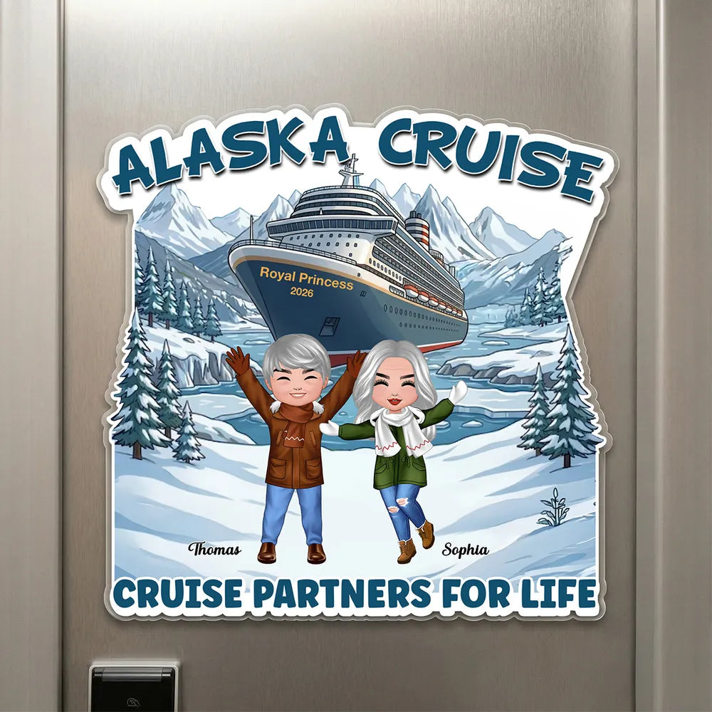 Personalized Alaska Cruise Acrylic Magnet for Couples, Cartoon Waving in Snowy Mountains, Unique Travel Gift