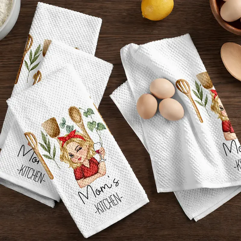 Custom Kitchen Towel for Mom or Grandma, Playful Blonde Cartoon Cook with Wine Glass, Unique Personalized Gift for Home Cooks