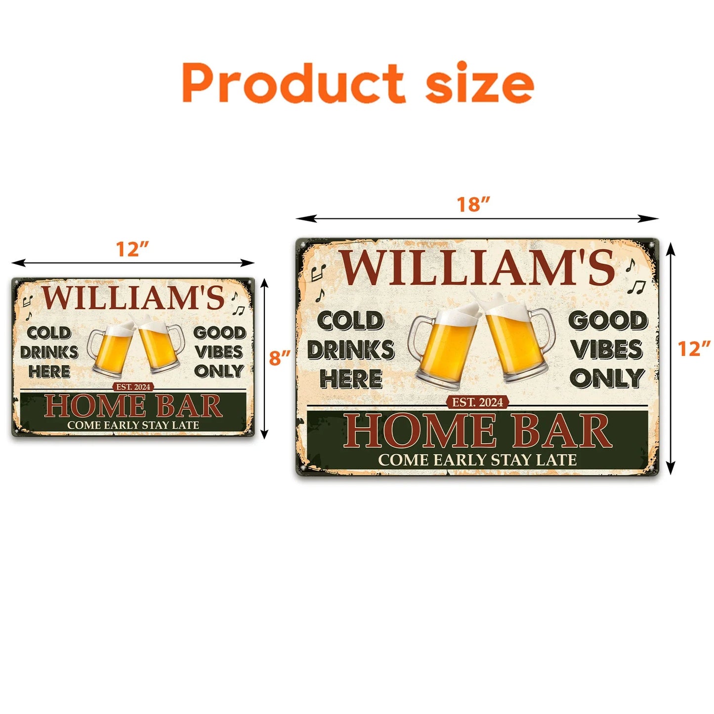 Personalized Home Bar Rectangular Iron Sign with Clinking Beer Mugs - Cold Drinks Here, Unique Gift for Dad