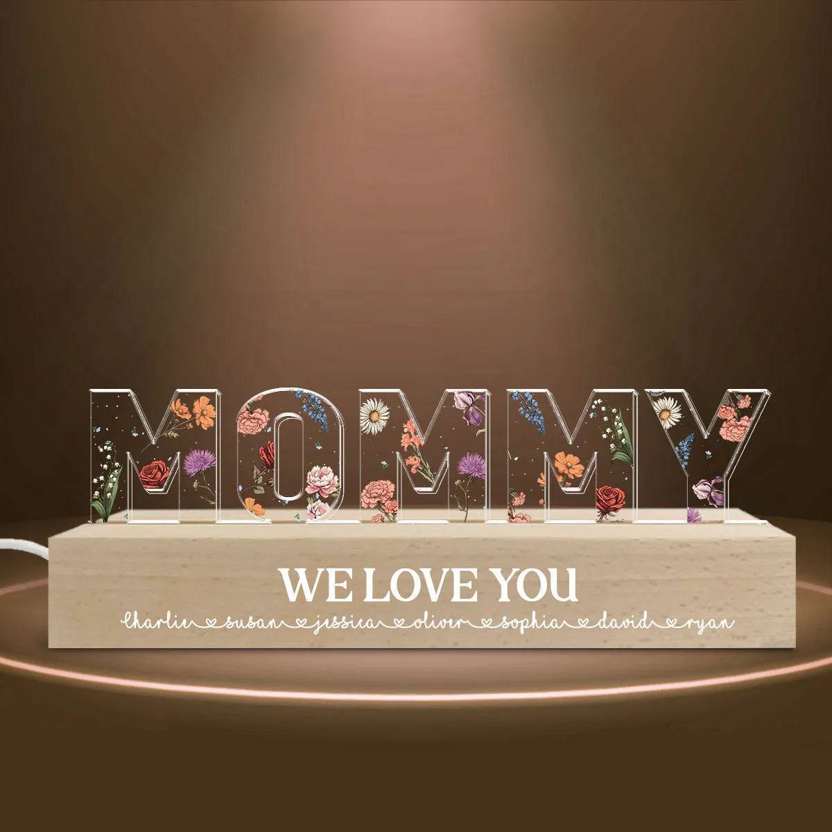 Personalized Block LED Light Plaque with Floral MOMMY Design and Warm Glow for Bedroom or Desk, Unique Gift for Mom