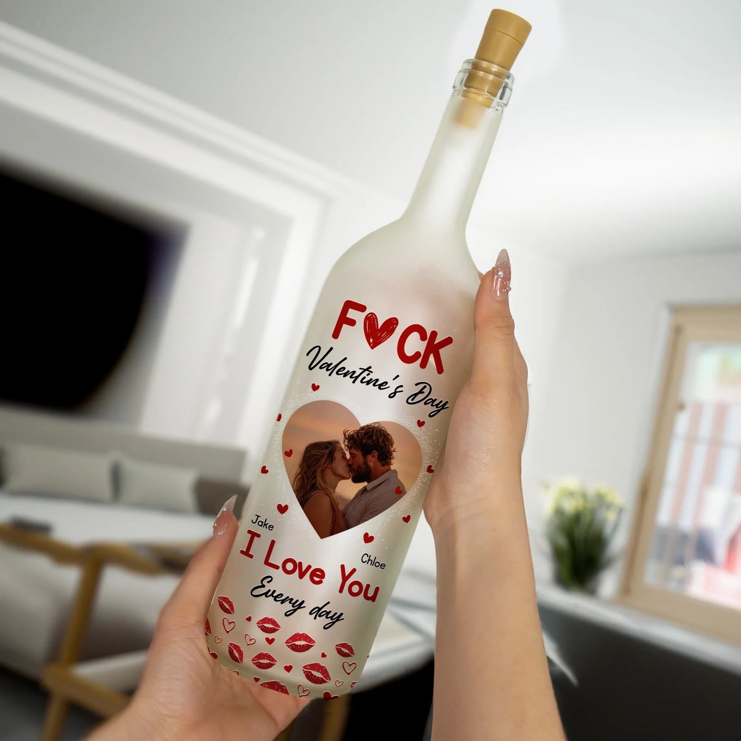I Love You Every Day Photo Bottle Lamp, Heart Couple Kiss Warm Glow Decor, Unique Valentine's Day Gift