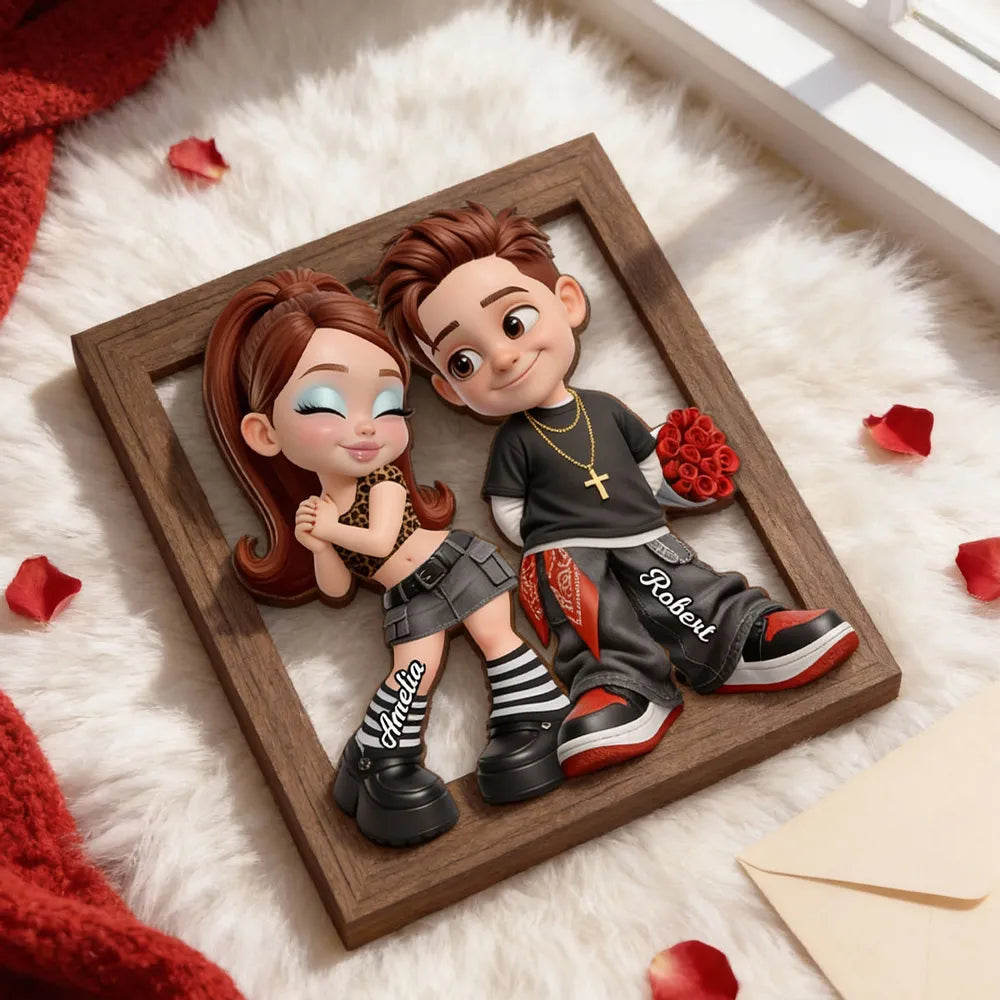 Personalized 2-Layer Wooden Plaque Y2K Cartoon Couple Holding Roses Unique Gift For Him Or Her