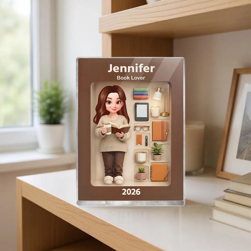 Personalized Rectangle Acrylic Block Plaque Book Lover Character Desk Decor, Cozy Reading Nook Style, Unique Gift for Readers