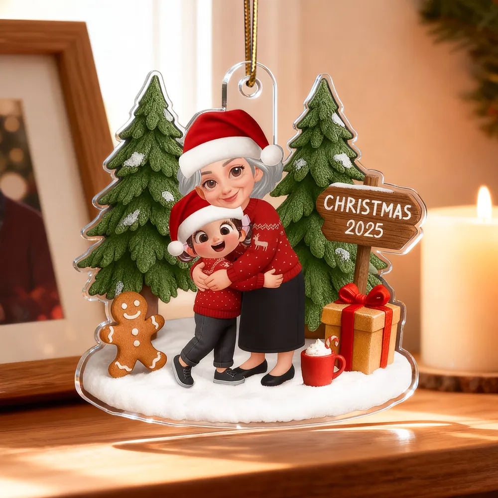 Acrylic Ornament Featuring Grandma & Granddaughter Hug, Christmas Tree Scene, Clear Print, Perfect Holiday Gift
