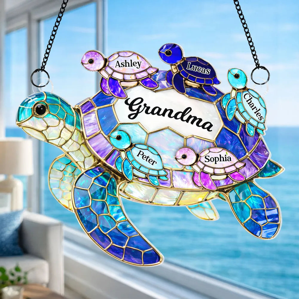 Acrylic Suncatcher Ornament for Grandma with Sea Turtle Family, Beachy Window Decor with Rainbow Shine, Thoughtful Personalized Gift