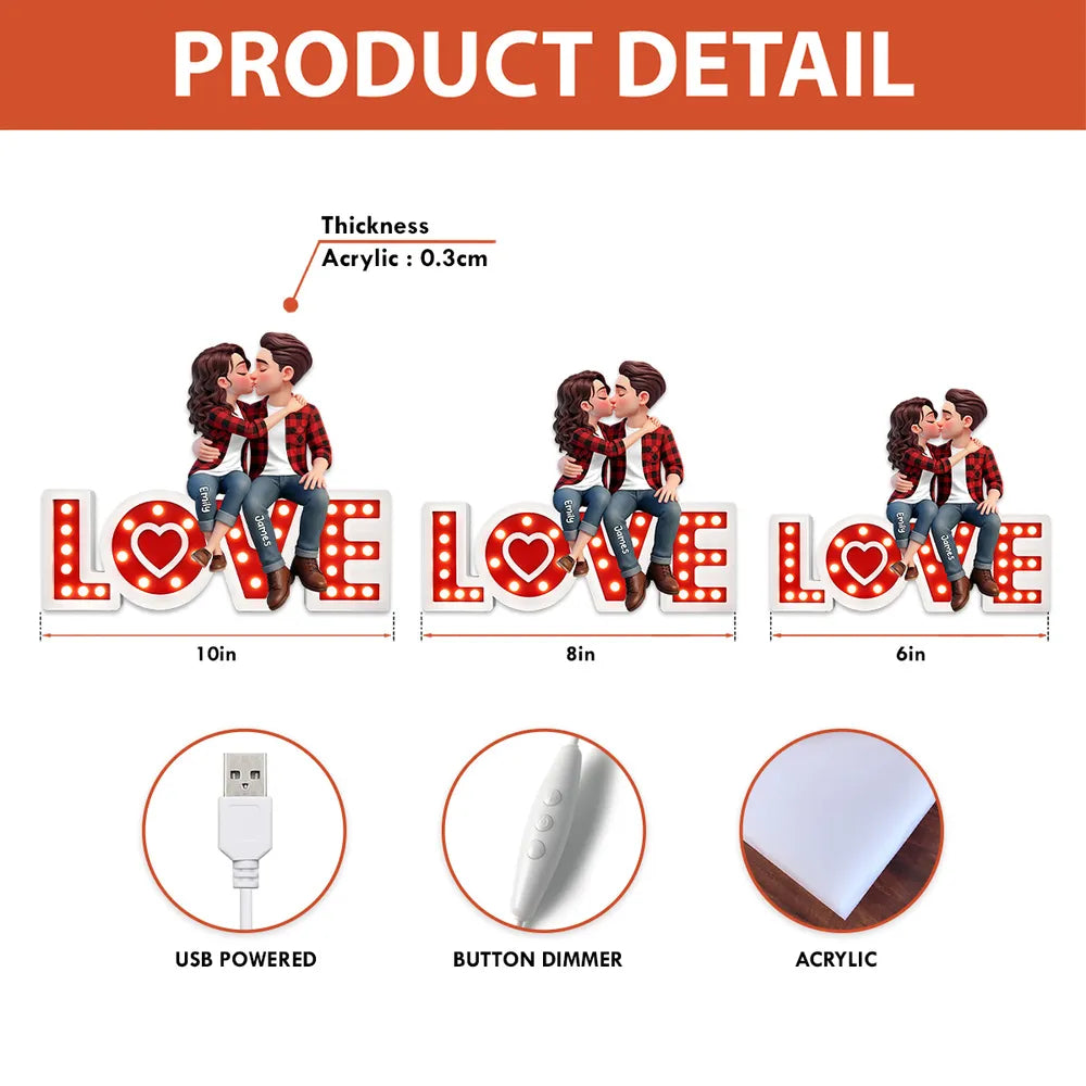 Personalized Acrylic Light Box Kissing Couple on LOVE Sign, Cozy Warm Glow Bedroom Decor, Unique Gift for Him or Her