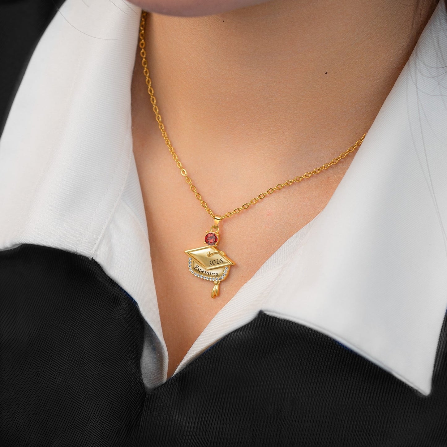 Graduation Cap Pendant Necklace, Personalized Name Charm With Birthstone - Meaningful Gift For Grads