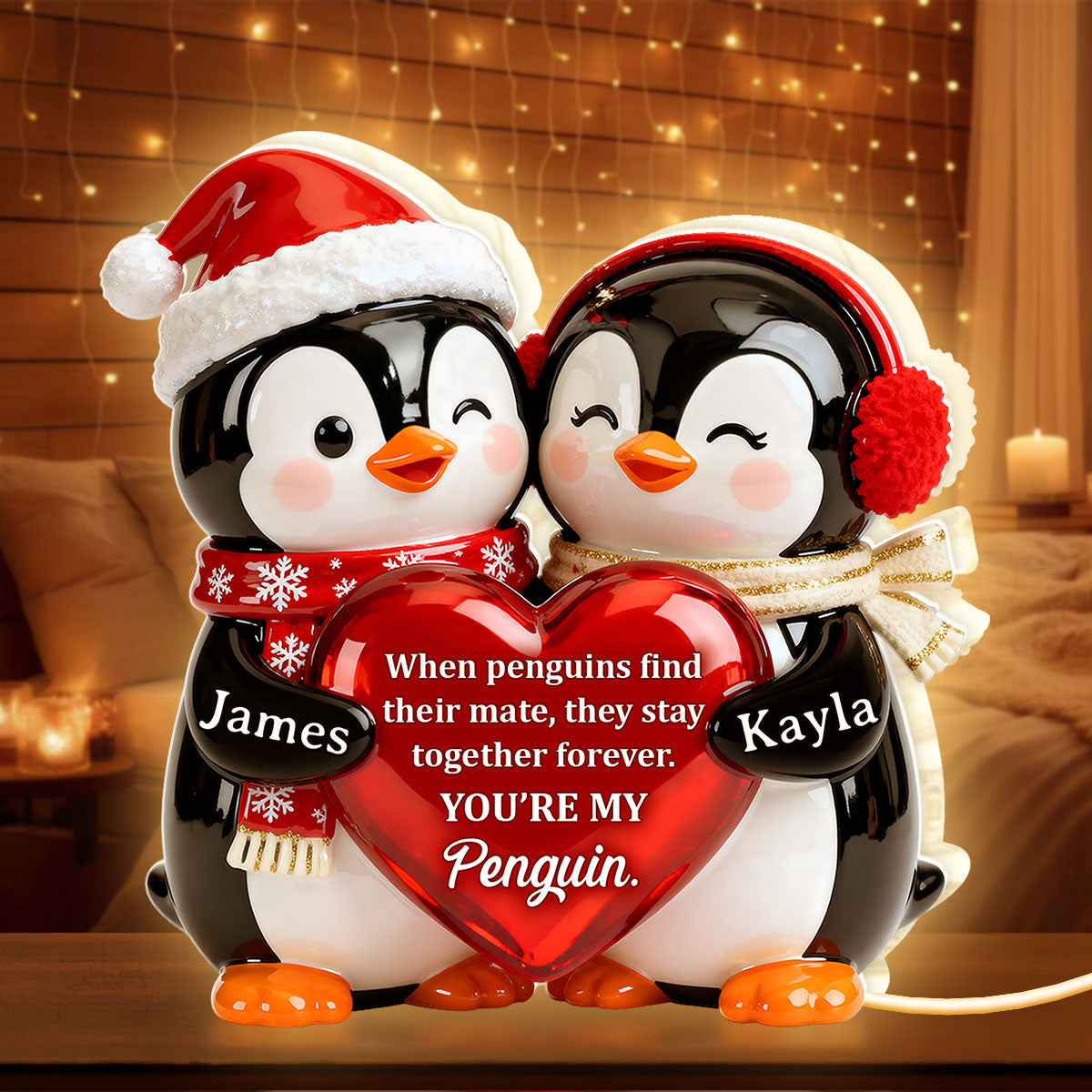 Personalized Acrylic Light Box with Cute Penguin Couple, Romantic Soft Glow Keepsake, Unique Gift for Your Partner