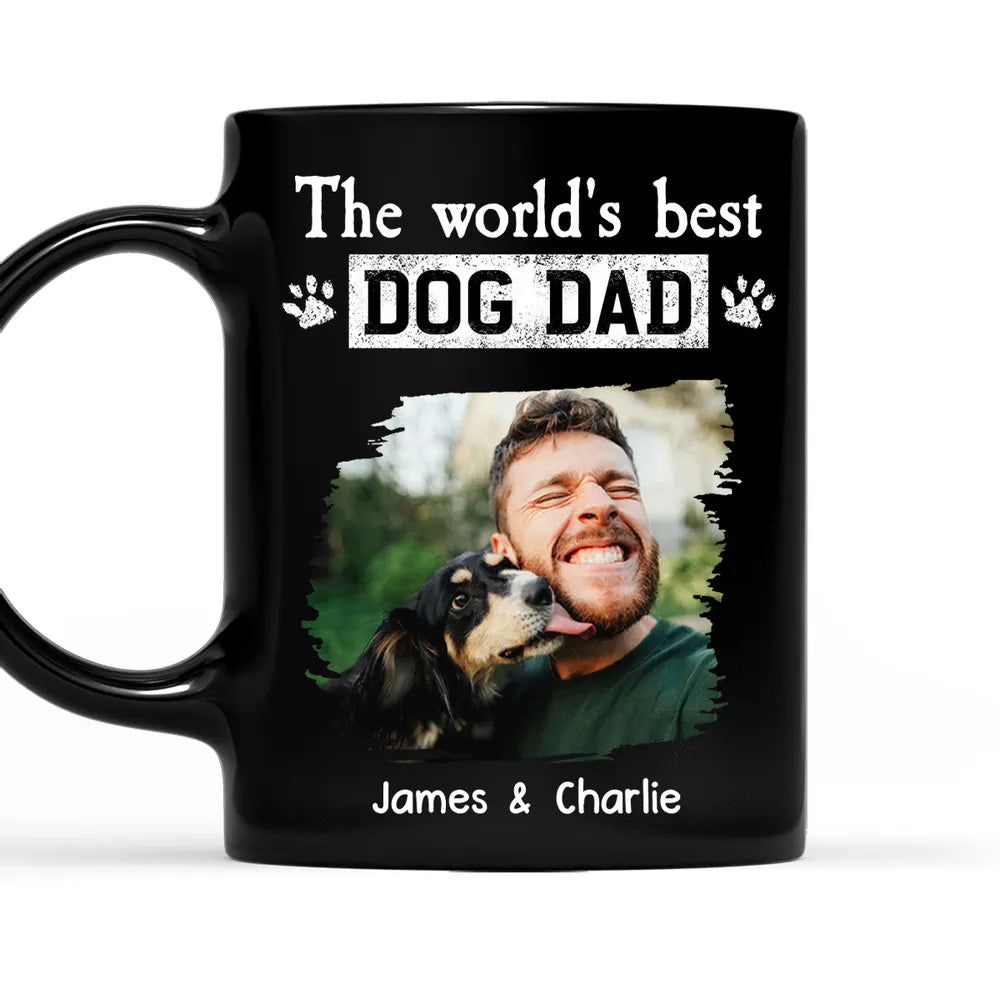 World's Best Dog Dad Mug - Custom Full Color Photo, outdoor lick moment, cozy coffee joy, unique gift for Dad