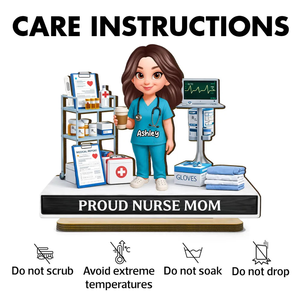 Personalized Proud Nurse Mom 2-Layer Wooden Plaque, Cartoon Nurse in Hospital Scene, Unique Gift for Mom