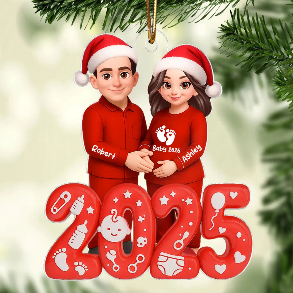 Acrylic Ornament for Expecting Parents - Personalized Santa-Hat Couple, Cozy Tree Keepsake, a unique gift for Mom-to-Be & Dad
