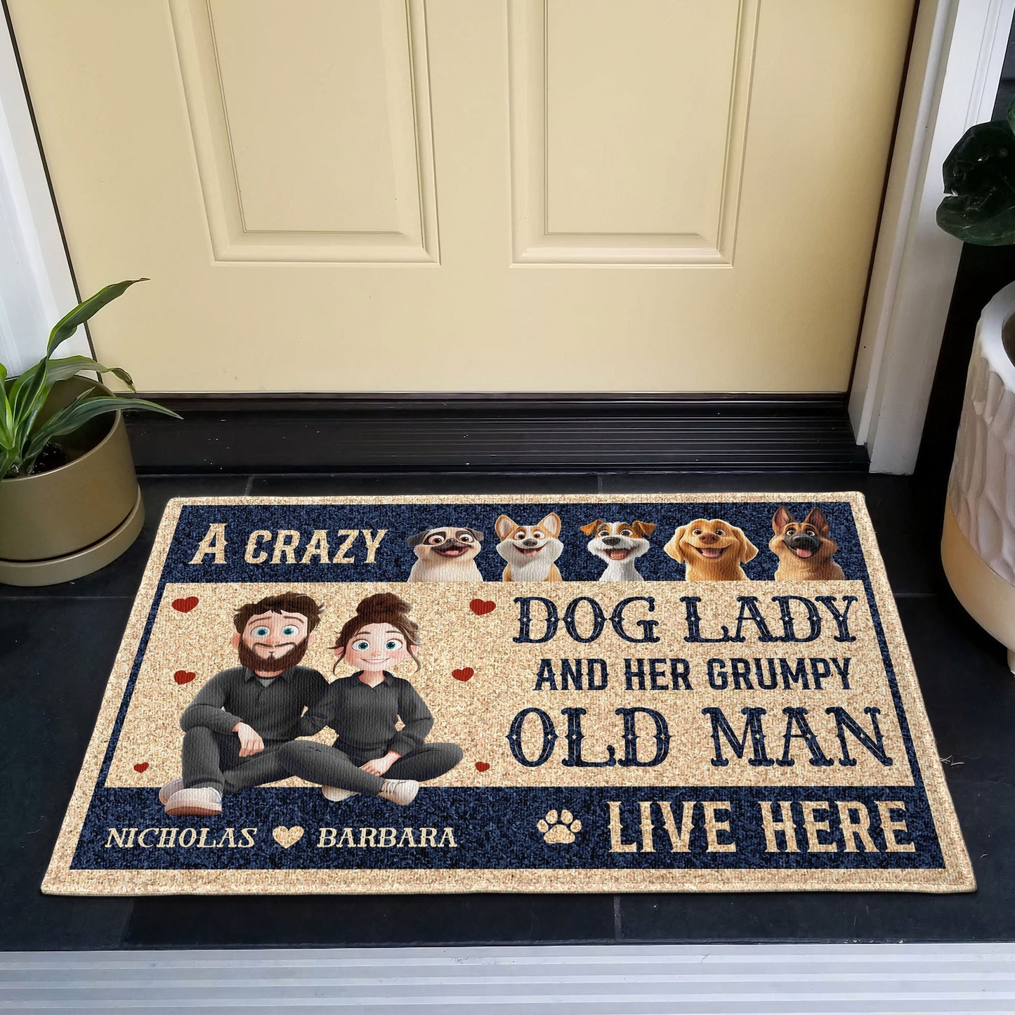 Custom Dog Lover Doormat – ‘A Crazy Dog Lady & Her Grumpy Old Man Live Here’ – Personalized Home Entry Mat