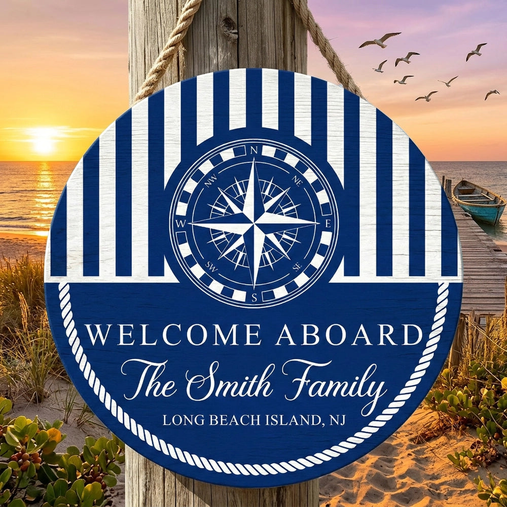 Personalized Welcome Aboard Wooden Sign With Nautical Compass And Stripes, Unique Coastal Gift For Families