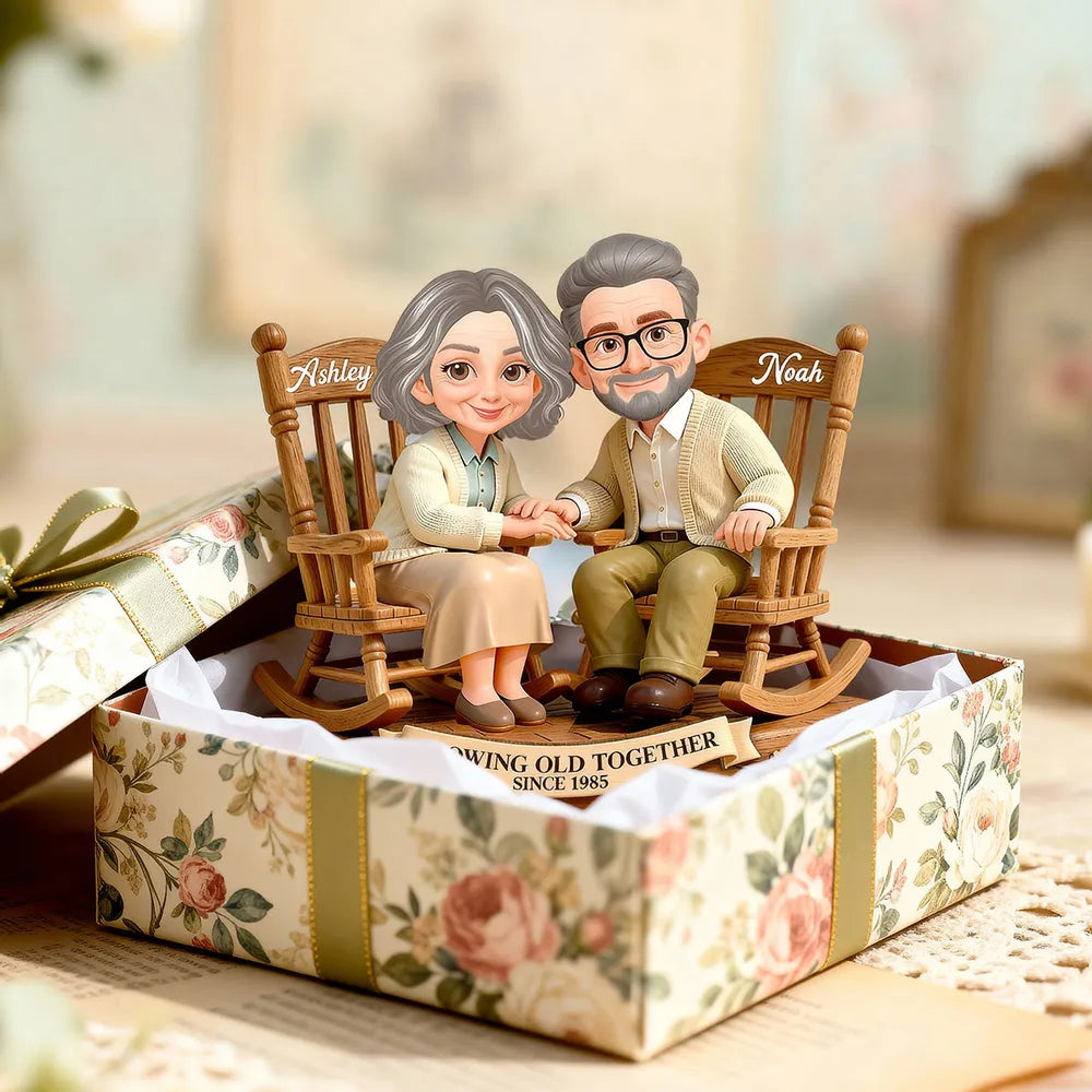 Personalized 2-Layer Wooden Plaque with Couple Holding Hands in Rocking Chairs, Sweet Keepsake Decor, Unique Gift for Wife or Husband