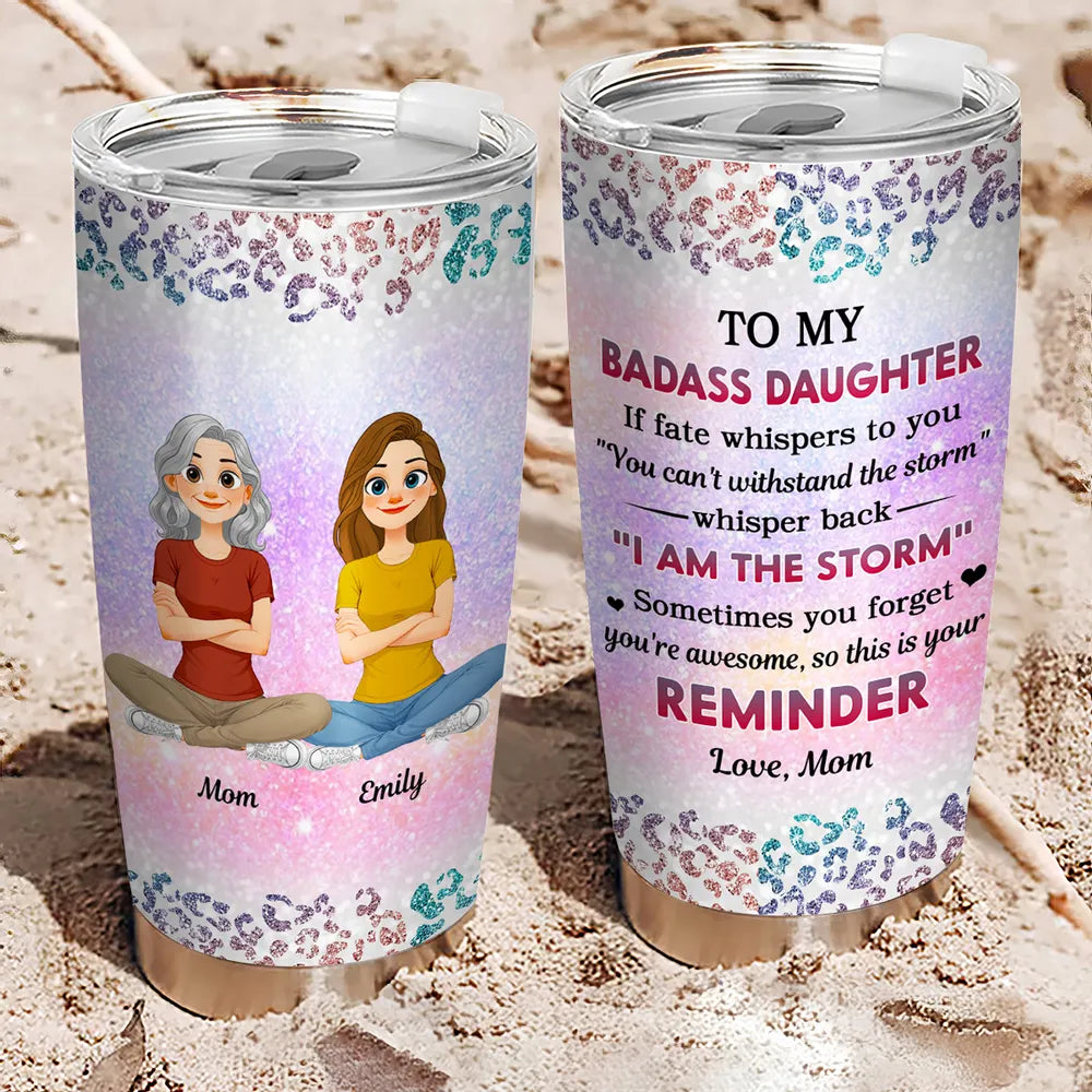 Personalized Insulated Travel Tumbler with Cute Cartoon Mom and Daughter - Unique Gift for Her, Bright Leopard Glitter Style