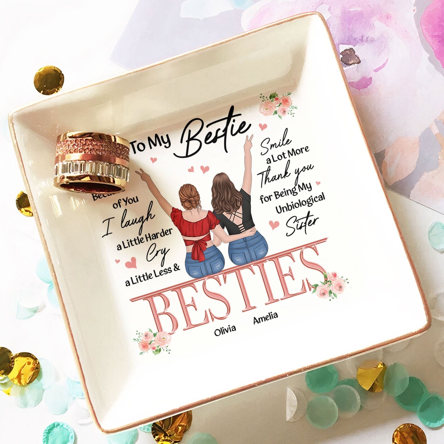 Besties Forever Jewelry Dish – Gift for Soul Sister, Because of You I Laugh a Little Harder Friendship Gift