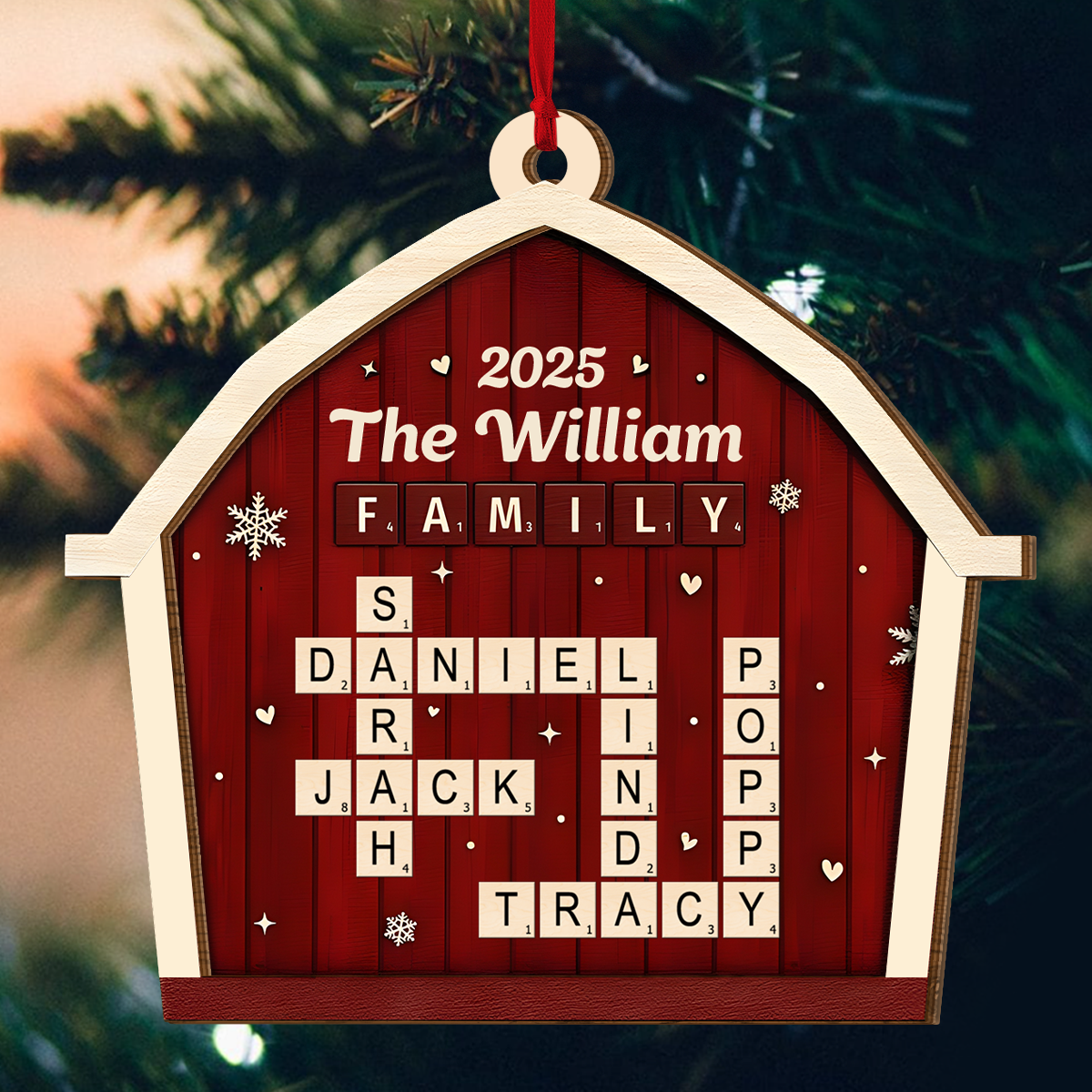 Family Crossword Barn - Personalized 2-Layered Wooden Ornament