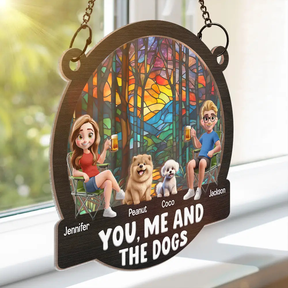 "You, Me and The Dogs" Personalized Ornament – Tropical Sunset Wood & Acrylic Layered Couple Gift