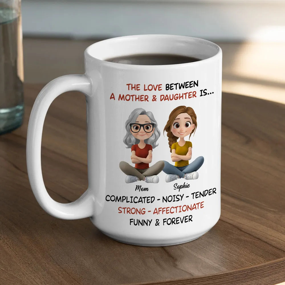 Personalized White Ceramic Mug Mother & Daughter Cute Cartoon Sitting Design - Unique Mother's Day Gift