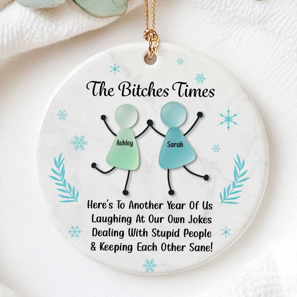 Personalized Sea Glass Best Friends Ornament, Funny Christmas Gift for Women, Custom Names, Snowflake Design, Holiday Keepsake