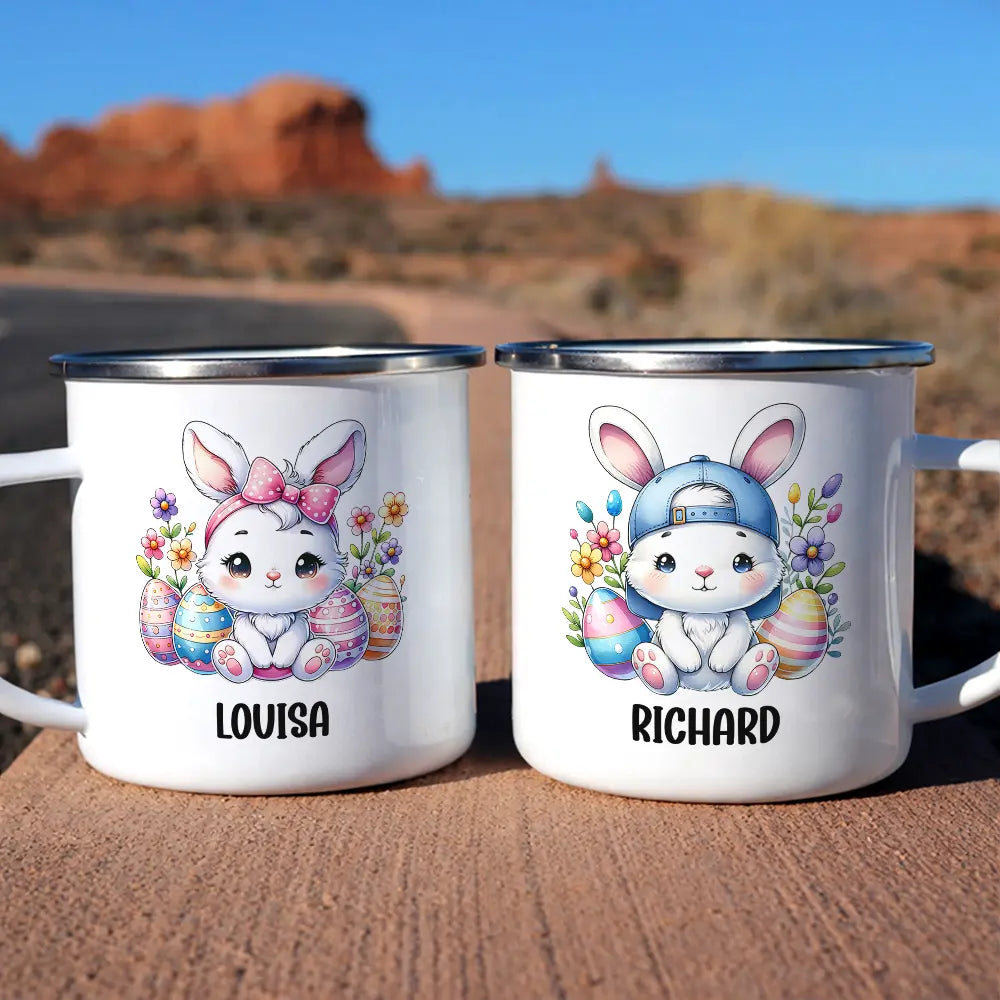 Watercolor Bunny Enamel Mug, Personalized Name Keepsake for Cozy Sips, Adorable Easter Season Gift for Family