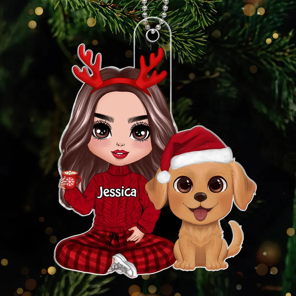 Personalized Acrylic Ornament with Cute Dog and Cozy Christmas Girl, Festive Decor and Unique Gift for Dog Lovers