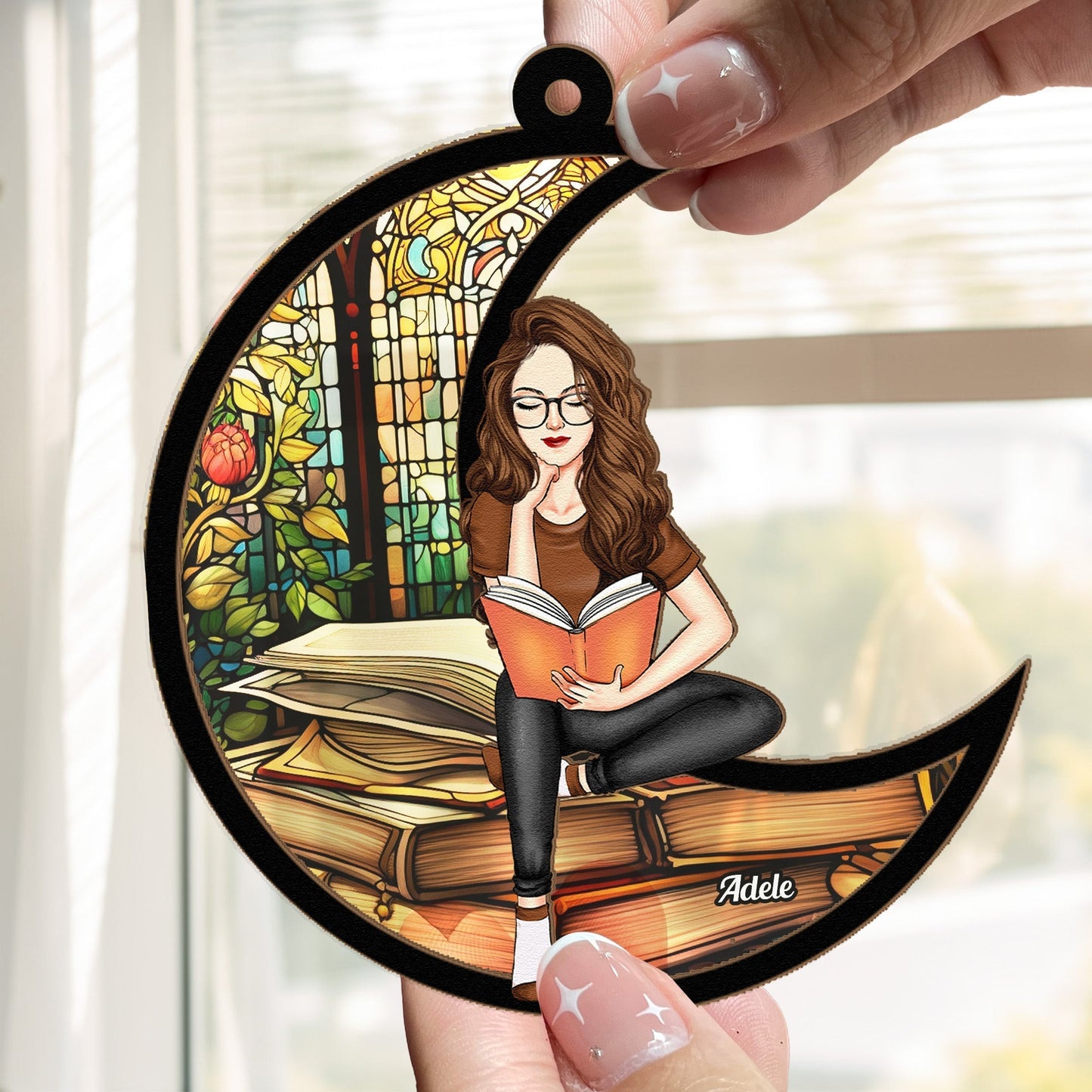 Book Lover Ornament with Stained Glass Window, Reading Girl Sitting on Crescent Moon, Cozy Home Décor Gift for Readers
