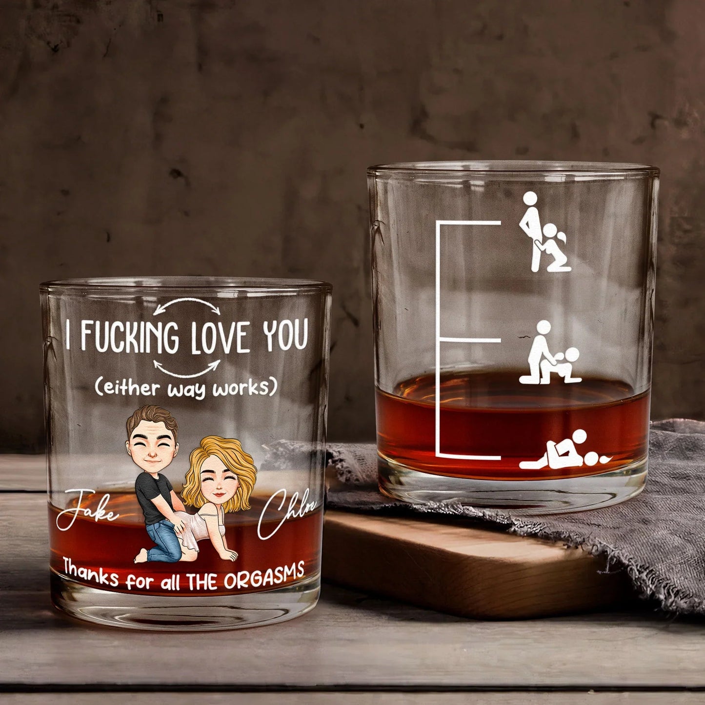 Personalized Funny Love Quote Whiskey Glass with Cartoon Couple - Unique Naughty Gift for Couples